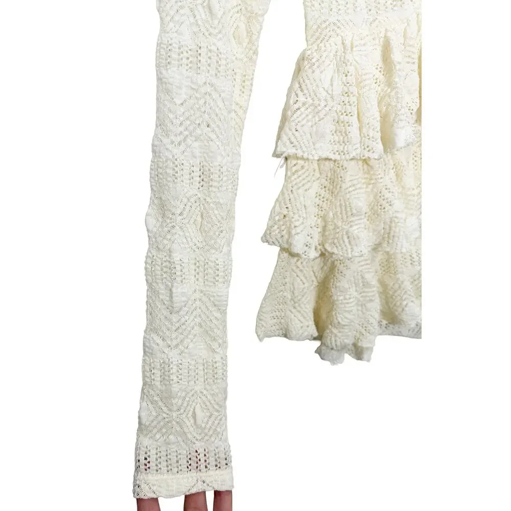 Free‎ People Women's Cream Ruffle Lace Tiered Top Peasant Bohemian Cottagecore S
